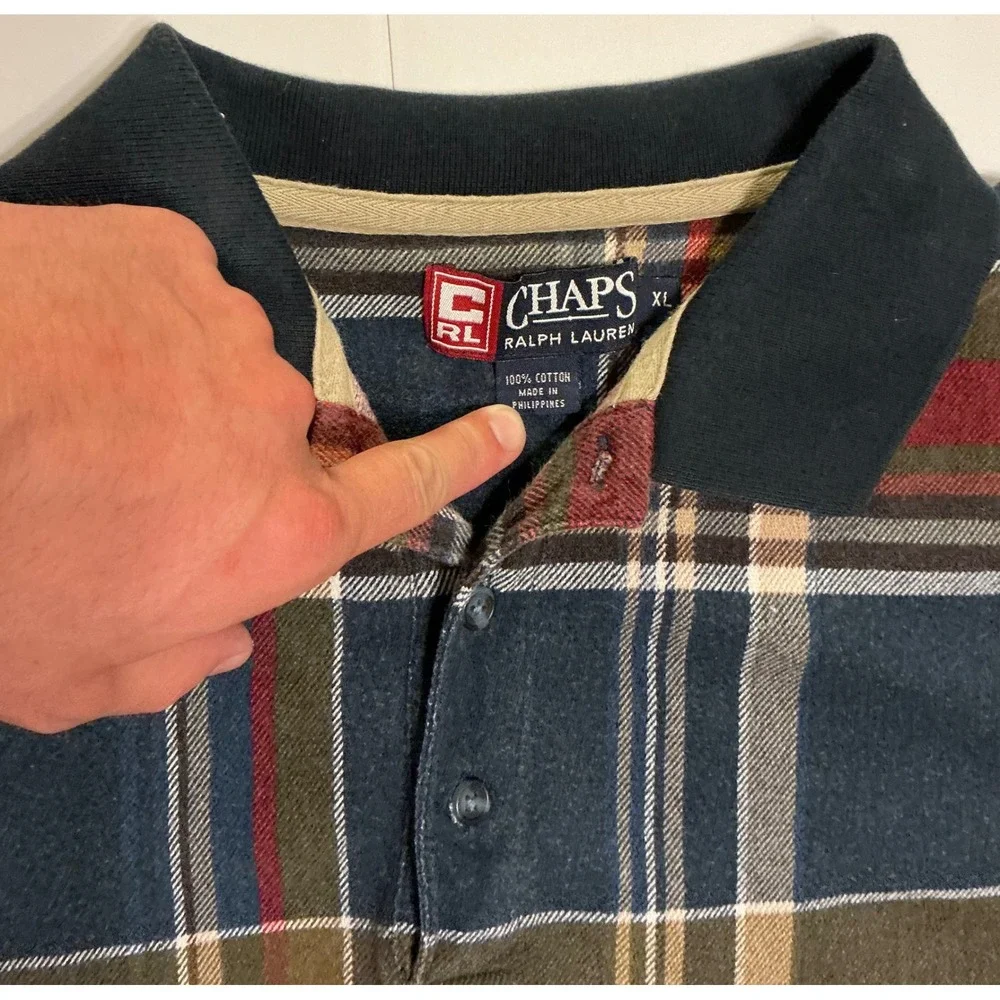 VTG Y2K Chaps Ralph Lauren Plaid Long Sleeve Polo‎ Shirt Mens XL Navy Green 90s